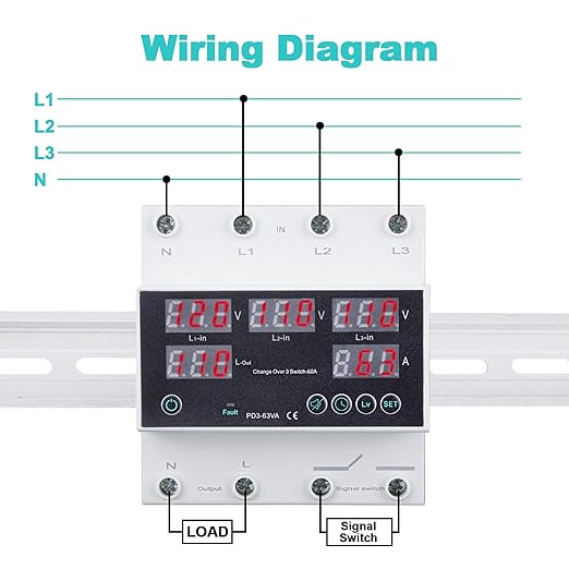 Automatic Transfer Switch, 110V 63A Auto Transfer Switch Real-time Monitoring with LED Display,Din Rail Mount