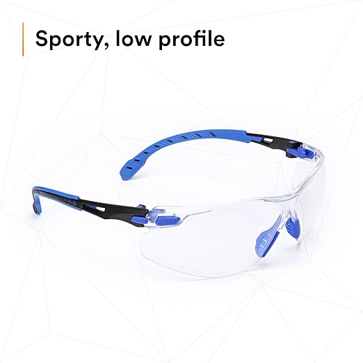 3M Safety Glasses, Solus 1000 Series, ANSI Z87, Scotchgard Anti-Fog, Clear Lens, Low Profile, Blue/Black Frame