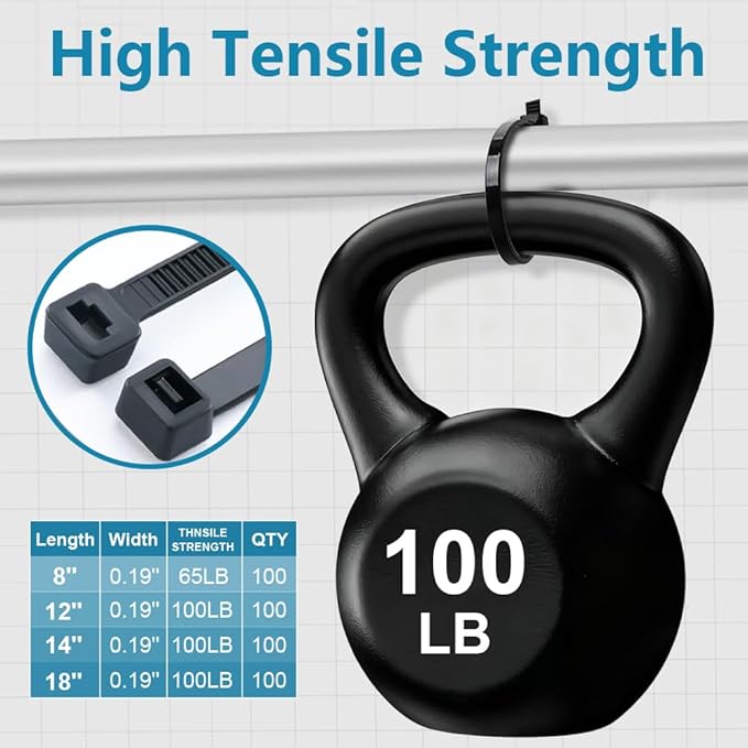 400 Pack Black Zip Ties Assorted Sizes 8+12+14+18 Inch, Heavy Duty 100lbs Self-Locking Electrical Cable Ties, UV Resistant Wire Ties for Indoor and Outdoor Use