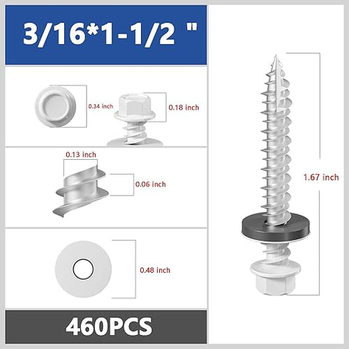 # 3/16 * 1-1/2" 460PCS 5lbs White Hexagonal Metal Sheet roof Screws, #10 * 1-1/2 with EPDM washers and Hexagonal self Tapping, Used for Metal to Wood, Corrugated Roofs.5 * 38mm