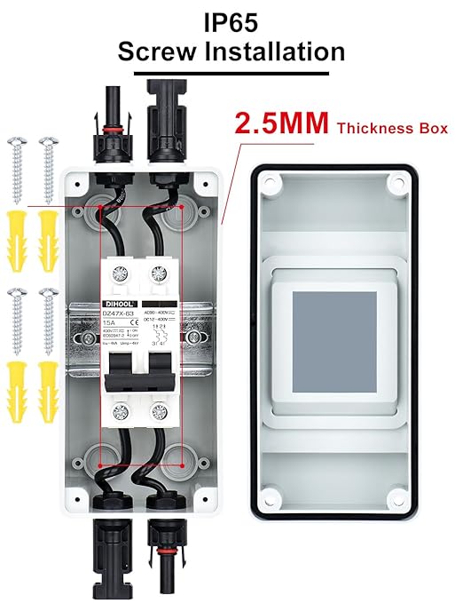 DIHOOL 15 Amp Solar DC Disconnect Switch, Outdoor Breaker Box, DC Miniature Circuit Breaker