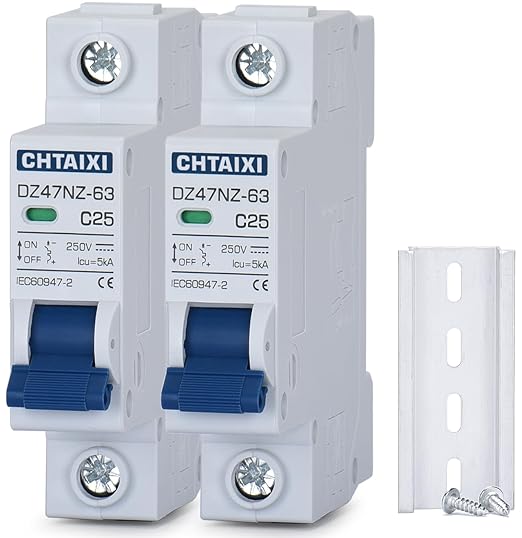 DC Miniature Circuit Breaker, 2 Pack 25 Amp Single Pole 250V DIN Rail Mount Isolator for Solar PV System, Thermal Magnetic Trip Solar Disconnect Switch DC MCB 1P C25