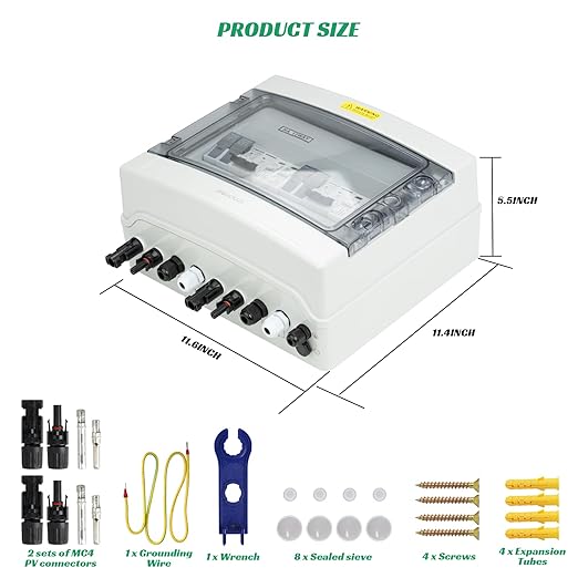 2 in 2 Out Solar Combiner Box,PV Combiner Box with 20A PV Fuse,DC 20A Circuit Breaker and Surge Protector,IP65 Solar Disconnect Switch Box for Indoor Outdoor Solar Panel System (2 in 2 Out 20A 500V)