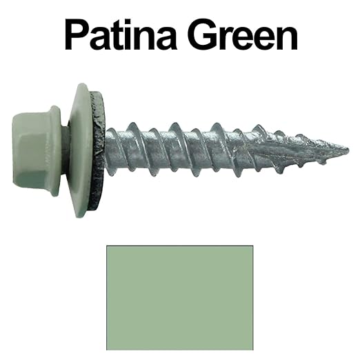 Metal Roofing Screws: (250) 10 x 1 Patina Green Hex Head Sheet Metal Roof Screw. Self Starting Metal to Wood siding Screws. EPDM Washer. Colored Head
