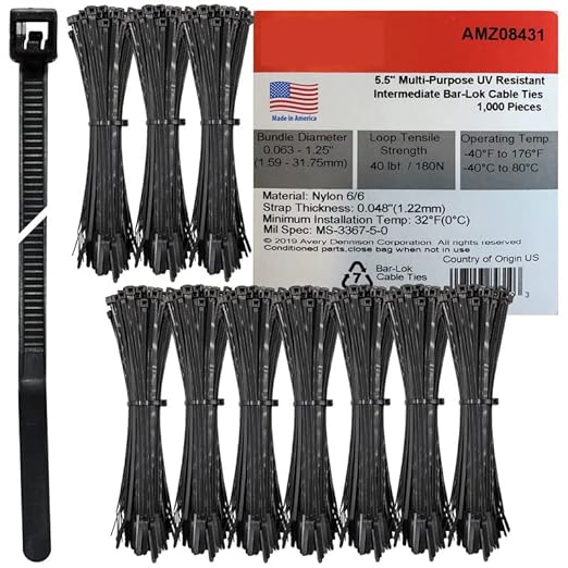 Avery Dennison Bar-Lok Nylon Black Cable Ties - 5.5" Round Style, 1000 Pieces