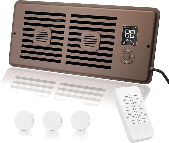 Register Booster Fan for 4" x 12" Vents Only, 10 Speeds to Control Cool and Warm Airflow, Air Conditioning Vents with LED Screen Remote & Thermostat Control, for Room Walls & Floors (Brown)