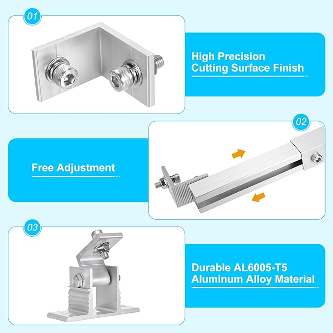 2 Sets Adjustable Solar Panel Tilts Mount Brackets Aluminum Alloy Mounting Brackets Kit Support 50W 70W 100W 150W 200W 300W 400W Solar Panel for Roof/RV/Boat/Wall/Off-Grid/Camping