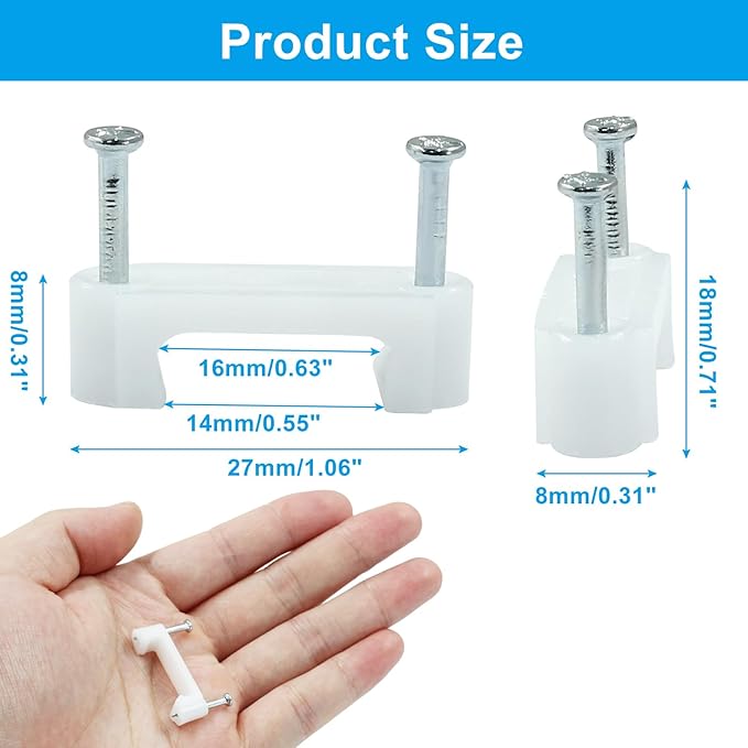 Biaungdo 100 Pcs Cable Wire Clips with Two Steel Nails, 16mm White Cable Clips Nail Management Nail-in Clamps Wall Wire Cable Fasteners for Ethernet Cord, Cable(8mmx2)