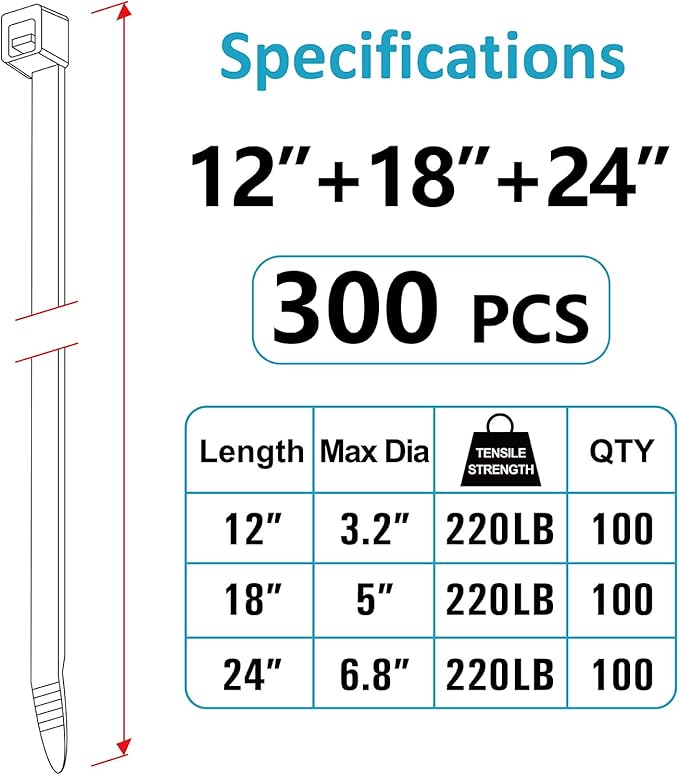 Zip Ties, Zip Ties Heavy Duty, Assorted Sizes (12"+18"+24")-300 Pack, Cable ties, Large Zipties Heavy Duty Black, Wire Ties with 220 lb Tensile Strength for Outdoor Use, Long Zip Tie, ANOSON