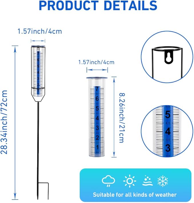 Freeze-Proof Rain Gauge Outdoor with 7 Inch Capacity Plastic Tube, Rain Gauges with Large Clear Number for Garden Patio Lawn Decor, Blue