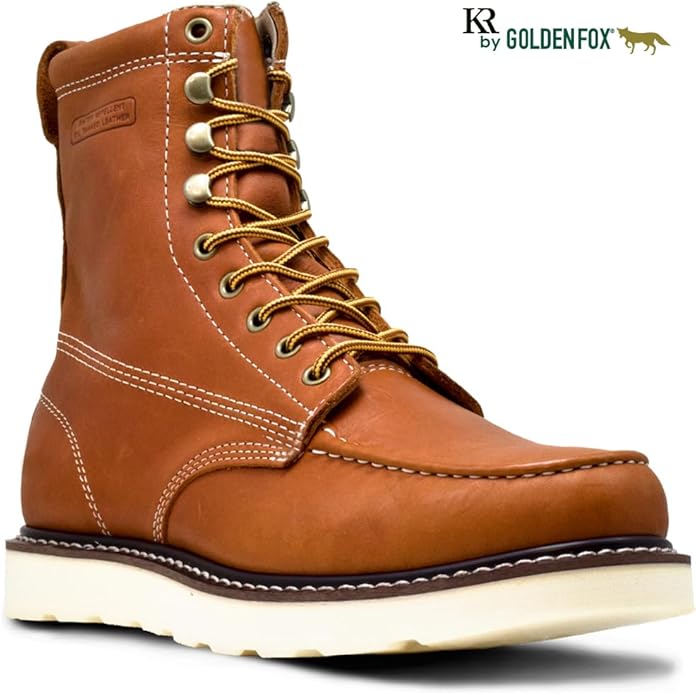 Golden Fox 8" Men's Moc Toe Wedge Comfortable Leather Work Boots, Goodyear Welt Construction, Industrial, Ironworker