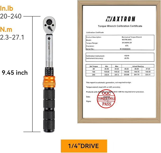 1/4" Inch Pound Torque Wrench, 20-240 In-Lb & 2.3-27 Nm Range, Dual-Direction 72-Tooth Click Wrench, Motorcycle Bike & Precision Maintenance, Heavy-Duty Storage Case Included