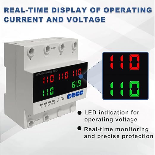 4P Automatic Transfer Switch with LCD Display, 63A Triple Power ATS with 5 Display for Real-Time Voltage & Current Monitoring (Input/Output), Automatic Changeover for Utility/Generator/Solar