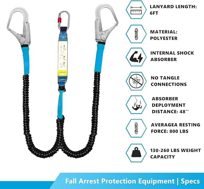 6ft Internal Shock Absorbing Safety Lanyard with Double Snap Hook Connectors, Fall Protection Equipment