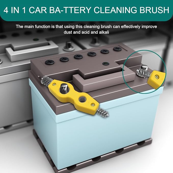 4 in 1 Car Battery Cleaning Brush, Battery Terminal Cleaner, Anti-Rust Car Terminals Machine Parts Cleaning Tool with Steel Wire, Auto Post Cleaner Brush Tool Fit for Vehicle & Marine (Yellow)