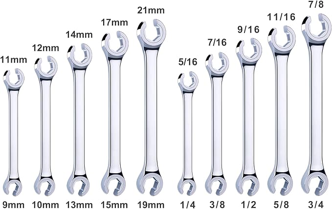10-Piece Complete Metric and SAE Flare Nut Wrench Set with Pouch | Metric 9mm - 21mm, Inch 1/4” - 7/8” | Cr-V Steel, 6-Point Double-End Design, Perfect Line Wrench for Fuel, Brake and Air Conditioning