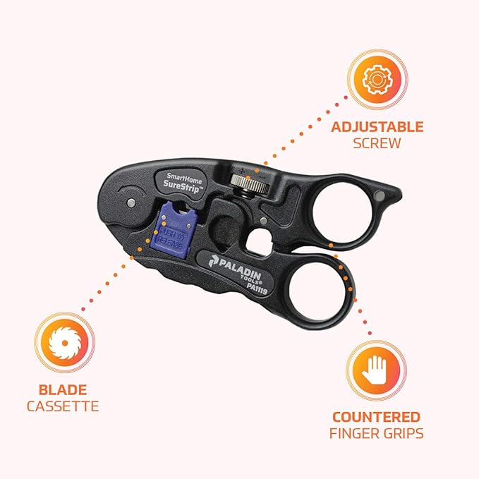 Paladin Tools PA1119 UTP/COAX Cable Stripper & Cutter | Ethernet POE RG6, RG6 Quad, RG59 Coax, CAT5, CAT5E, CAT6, UTP/STP