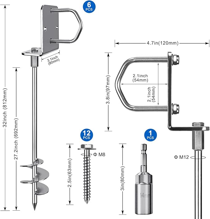30" Heavy Duty Screw in Ground Anchors Kit, 3" Spiral Windproof Earth Anchors for Trampoline, Shed, Swing Set & Mobile Home, Fully Welded Steel with Nut Driver Drill Bit (Set of 6)