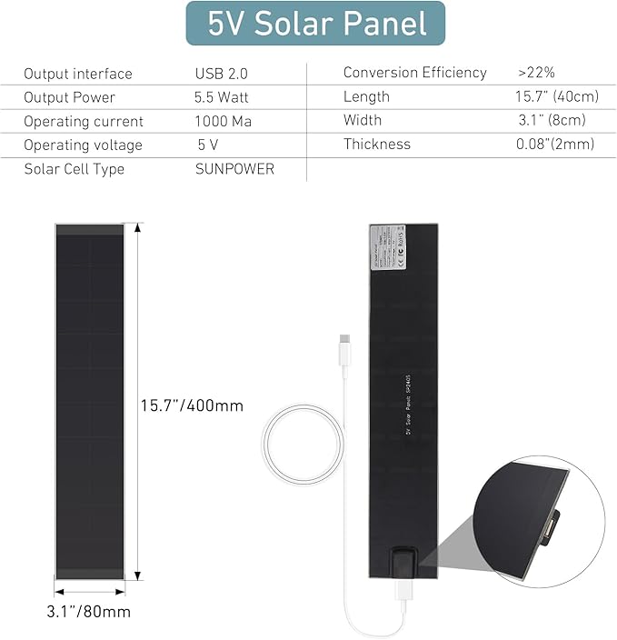 5V 5W Blinds Solar Panel Charger, USB-C Small Solar Power with 8.2-Inch Cable for Motorized Blinds, Security Cameras, Doorbells, Smartphones, Roller Shades