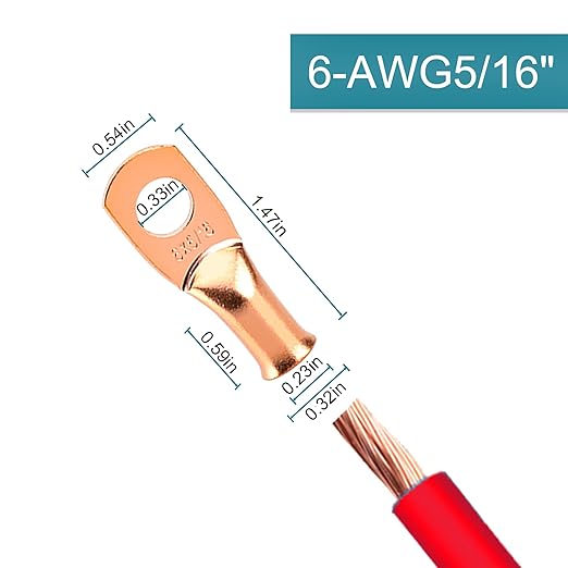 10 PCS Battery Terminal Connectors, Battery Cable Ends Lugs, 6 Gauge Wire Connectors, 6 AWG 5/16" Stud Ring Terminals, Copper Wire Lugs with Heat Shrink Tubing.