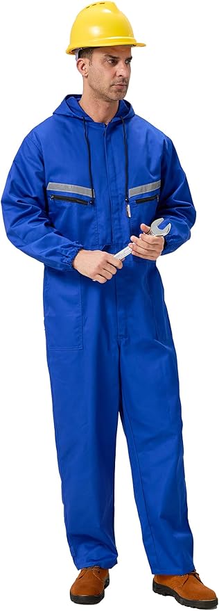 Mens Work Coveralls Mechanic Hooded Overall Workwear Jumpsuits Long Sleeve Hi Viz Coverall with Zippers