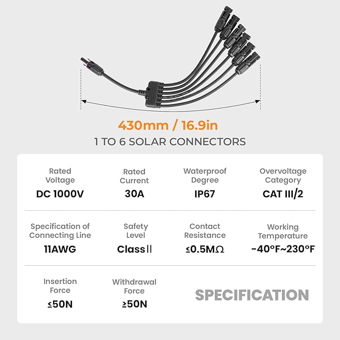Solar Panel Connector 6 to 1 Solar Y Branch Solar Panel Splitter 6Way Solar Panel Parallel Connectors Solar Adapter Cable Plug for Solar System Panel (6 to 1 1 Pairs)