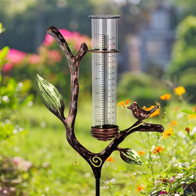 Rain Gauge Outdoor, Metal Rain Gauge with Stake, 7 Inch Tube Rain Measure Gauge, Decorative Branch Rain Measure Tool for Garden, Lawn, Patio