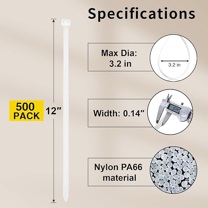 Zip Ties 12 Inch, 500 Pack, White Cable Ties for Multi-Purpose, Nylon/Plastic Wire Ties for Home Improvement, Office & Outdoor Use (Clear-Colored Style), 45lb Tensile Strength.