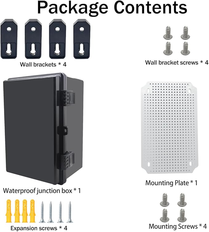 Junction Box, Hinged Black Cover IP67 Waterproof ABS Project Box with Mounting Plate Electrical Box Enclosure with Wall Bracket 11.8 x 7.9 x 6.7inch(300x200x170mm)