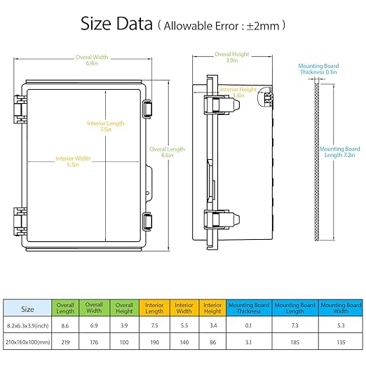 LeMotech Electrical Box, IP67 Waterproof Hinged Cover Stainless Steel Latch Junction Box, ABS Plastic Electrical Enclosure with Mounting Plate,Wall Brackets, Cable Glands, 8.2"x6.3"x3.9", Grey