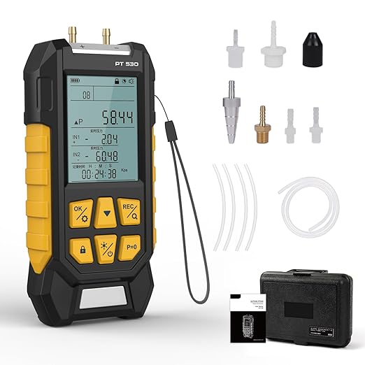 PT530 Manometer Gas Pressure Tester,HVAC Dual-Port High-Pressure Manometer Range of -100 to 300 KPa, 10 Units, Data Lock & Storage with Magnetic Back, Backlit Display,7 Adapters.