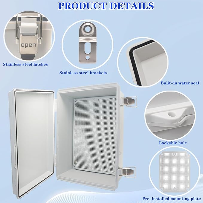 Waterproof Outdoor Electrical Box Junction Box Weatherproof IP67 ABS Plastic Enclosure Switch Router Project Box with Mounting Plate with Wall Bracket 2 Cable Glands Grey 13.78" x 9.85" x 5.92"