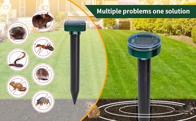 8 green UPGRADE Mole Repellent for lawns Gopher Repellent Ultrasonic Solar Powered Snake Repellent Deterrent Mole Repeller Vole Repellent Outdoor Lawns Garden Yard All Pests Sonic Spikes Stakes Chaser