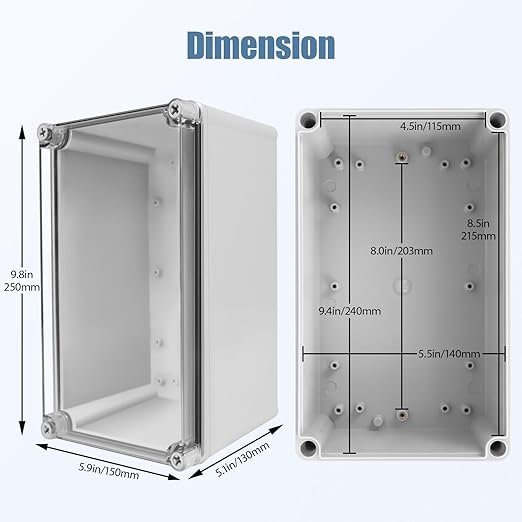 LeMotech Junction Box IP67 Waterproof Dustproof Electrical Box Project Box DIY Enclosure Gray with Transparent Clear Cover, External Size 9.8x5.9x5.1in (250x150x130mm)