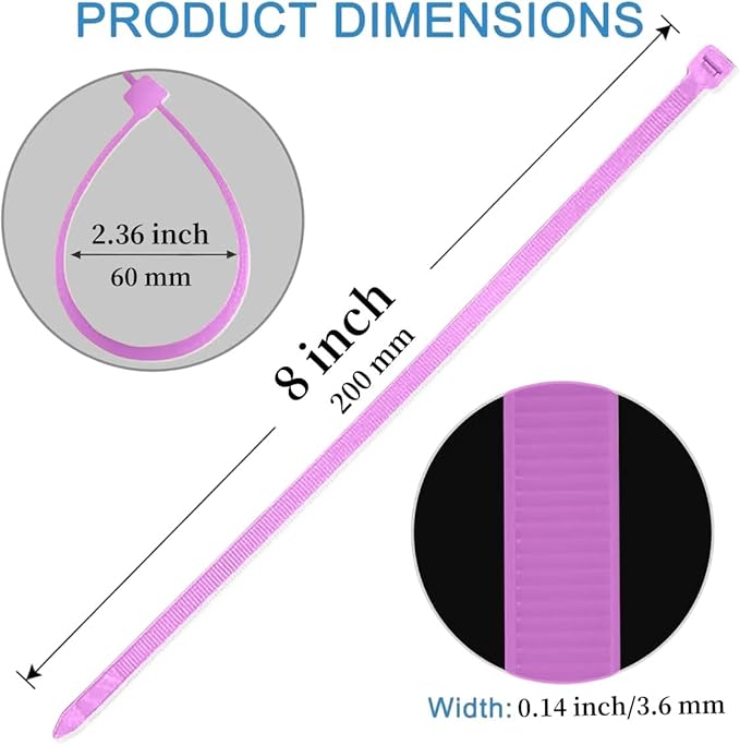 8 inch Zip Ties-0.14" Width, 250 PCS Wire Ties with 40lbs Strength, Self-Locking Nylon Cable Ties, UV Resistant, High/Low Temperature Resistant, for Home, Office, Fencing, and Gardening-Purple