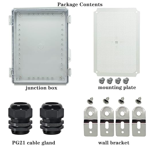 Zulkit Junction Box,IP67 Waterproof Electrical Box Hinged Clear Cover Stainless Steel Buckle Plastic Enclosure for Project w Mounting Plate Wall Bracket and 2 Cable Gland 15"x11"x5.1"/380x280x130mm