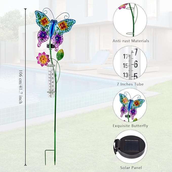 Solar Rain Gauge Outdoor, Butterfly Rain Gauge, Decorative Stained Glass Rain Measure Tool, 7 Inch Tube Rainfall Measurement for Patio, Yard and Garden