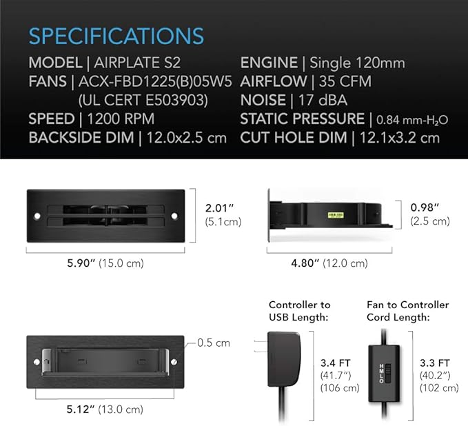 AC Infinity AIRPLATE S2, Quiet Cooling Blower Fan System 6" with Speed Control, for Home Theater AV Cabinets (Pack of 2)