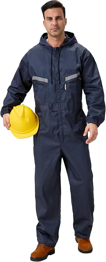 Mens Work Coveralls Mechanic Hooded Overall Workwear Jumpsuits Long Sleeve Hi Viz Coverall with Zippers