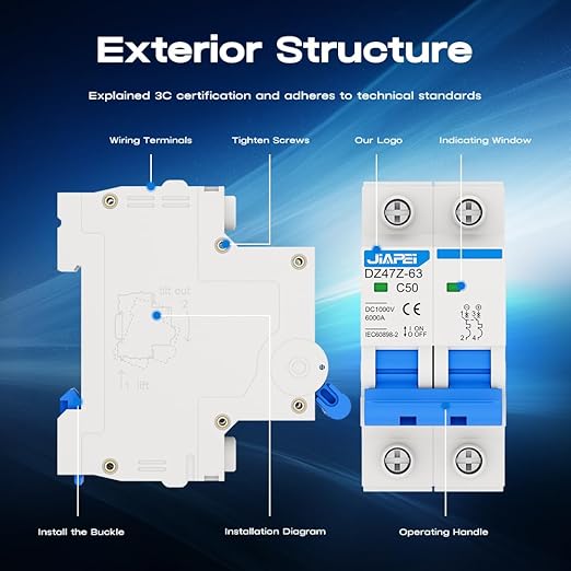 DC Miniature Circuit Breaker, 1000V 2 Pole 50 Amp Isolator for Solar PV System, Thermal Magnetic Trip DIN Rail Mount, C50 DC Disconnect Switch