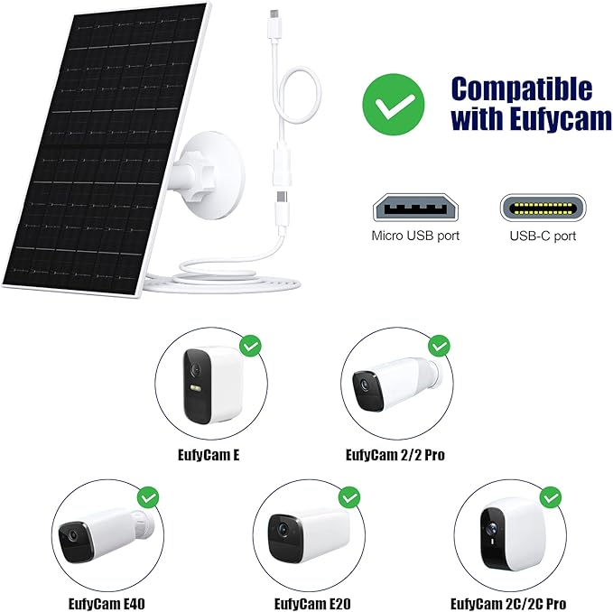 Zivif 7W Solar Panel for Security Camera, Compatible with Eufycam 2C/2C Pro/2/2 Pro/E20/E40/E, Solar Panel Charger with USB-C Port, with Micro USB Connector (2 Pack)