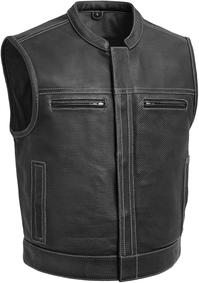 First Mfg Co Lowrider Mens Motorcycle Biker Riding Armor Club Style Black Leather, Twill, Moto Mesh, Perforated Vest