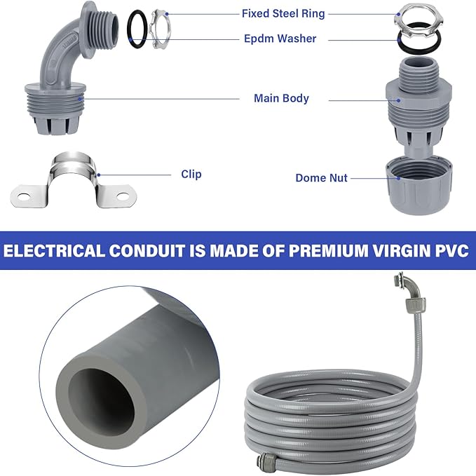 Liquid-Tight Conduit Connector Kit,Flexible Non Metallic Liquid Tight Electrical Conduit Kit,Waterproof Outdoor Electrical Conduit Pipe,Straight/Angle Fittings,Clamps (1-1/2 in x 25 ft)