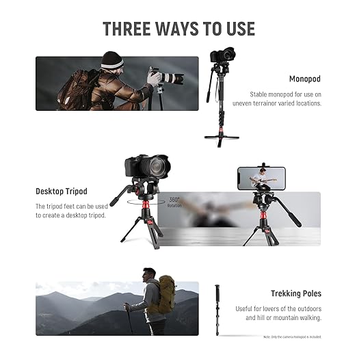 NEEWER Professional Camera Monopod with Feet, 70.5"/179cm Telescopic Portable Aluminum Travel Monopod with Pan Tilt Fluid Head and Removable Tripod Base for DSLR Camera Camcorder, Max Load 13.2lb/6Kg