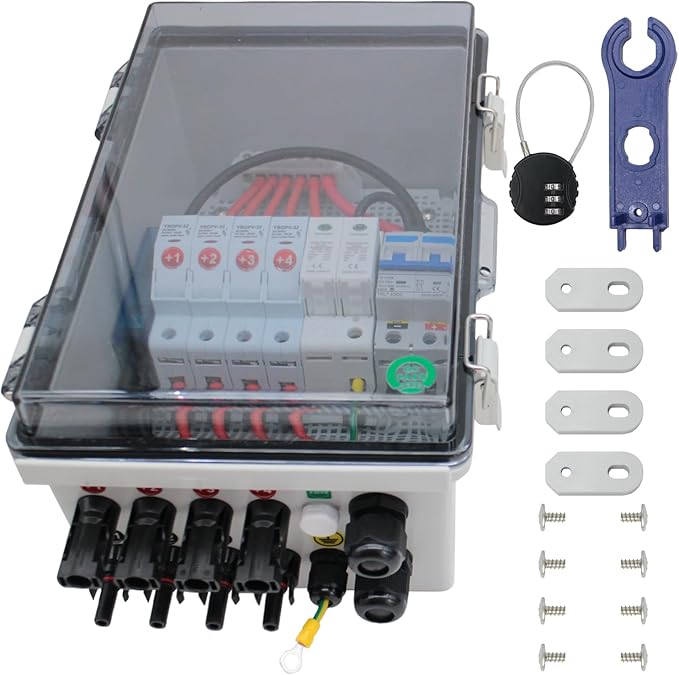 4 String PV Combiner Box, Solar Combiner Box with Lightning Arreste, 15A Rated Current Fuse and Circuit Breaker, Waterproof Combiner Box for On/Off Grid Solar System(Transparent, with Lock)