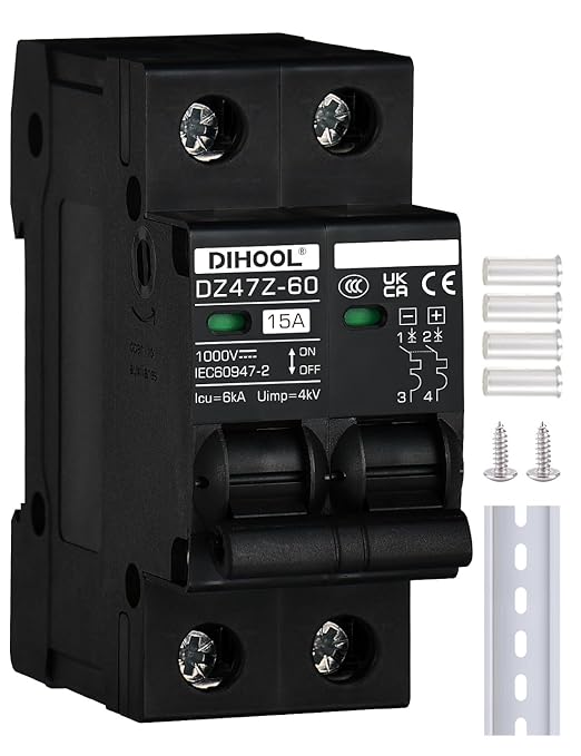 DIHOOL DC Circuit Breaker 15 Amp Solar Disconnect Switch 2P 12-1000V for PV, UPS, RV Battery,DIN Rail Mount