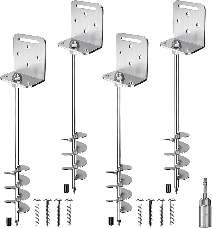 24'' Heavy Duty Ground Anchors Screw in 10mm Solid Steel with L Bracket for Trampoline Mobile Home Swing Set Shed Carport Earth Anchor Fence, 2.7" Helix Blade & Chrome Plated Finish, 4Pack