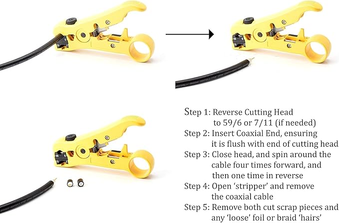 THE CIMPLE CO Coaxial Cable Stripping Tool for RG59, RG6, & RG11, Cable Prep Tool for Category Cable, CAT3, CAT5, & CAT6 Cutter, Universal for Coax and Cat Wire