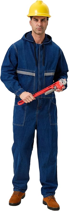 Mens Denim Work Coveralls with Hood Heavy Duty Work Jumpsuit Loose Fit Coverall Hi Viz Mechanic Jeans Overalls