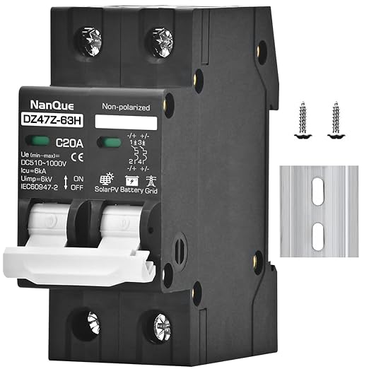 DC 260V 500V 600V 800V 1000V Circuit Breaker MCB Solar Panel Protector PV System Battery Discharge Protector Automatic AC DC Univesal Thermomagnetic Black Color (20A)